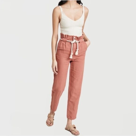 New  VERONICA BEARD Karter Linen-Cotton Belted Pants in Mocha Size 4 - Picture 4 of 15